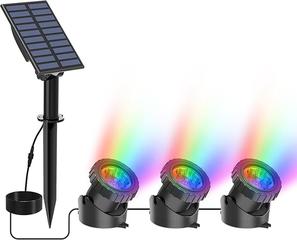 Solar Underwater Pond Lights, Super Bright RGB LED Submersible Pond Light Color Changing Spotlights IP68 Waterproof Fountain Lights for Fish Aquarium Tank Garden Yard Pool (3-in-1)