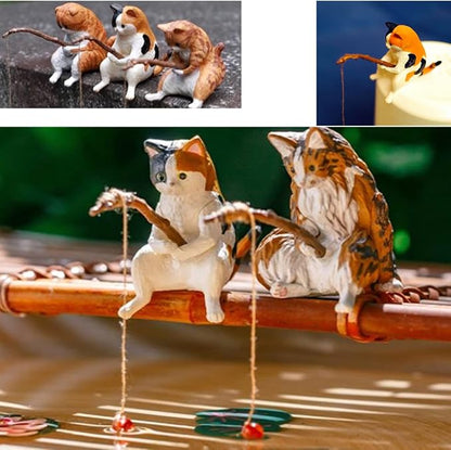 14 PCS Fairy Garden Kit, Fishing Cat Figurines, Miniature Koi Pond Mushroom Outdoor Statues, Tiny Ornaments for Micro Landscape Plant Pots Bonsai Craft Decor