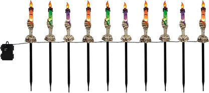 WATERGLIDE Halloween Decoration Candle Light Stakes, 10 Pack Skeleton Hands Hold Lighted Candle Pathway Makers, Waterproof Battery Operated with Timer, Light Up Figurine for Outdoor Holiday Party