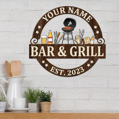 MeMate Bar & Grill Sign - Personalized Outdoor Decor for Backyard, Patio, Pool, Porch, Deck, BBQ - Large Metal Sign for Outside - Housewarming Gifts