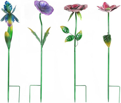 28.5" H Large Flower Stake Metal Decoration for Garden Set of 4, Plant Pick Art Ornaments Waterproof Stake for Lawn Porch Pathway Patio Flower Bed, Yard Outdoor Ornaments(Red & Purple & Blue)