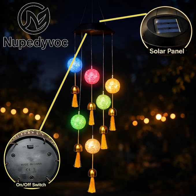 38” Mini Ball Bell Solar Light LED Wind Chime for Outside, Weather Resistant Decoration Outdoor Garden Patio Subtle Tone Decor, Ideal Gift for Birthday, Mother's Day, Meditation, Ambiance