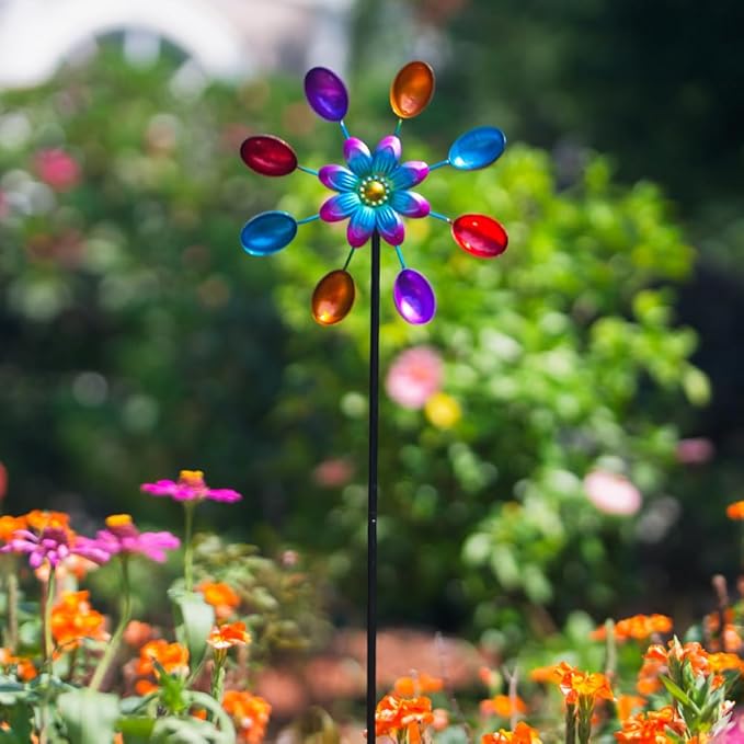 DREAMYSOUL Wind Spinners Outdoor, 10" Dia Colorful Metal Pinwheels for Yard and Garden, Kinetic Wind Sculptures & Spinner Outside (Red Flowers)