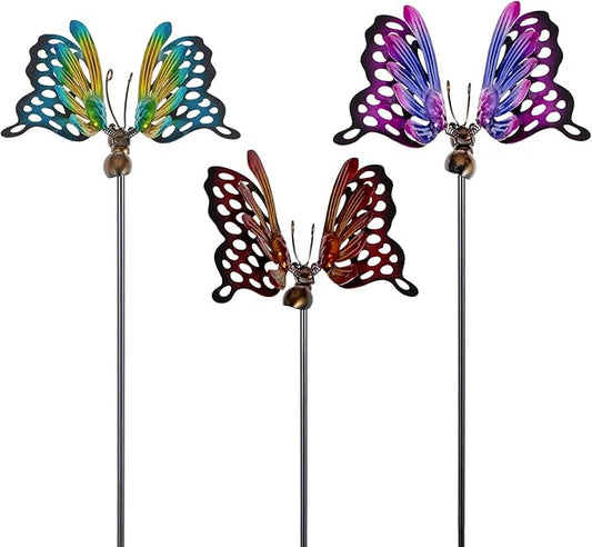 3 Pack Butterfly Decorative Garden Stakes,Metal Openwork Colorful Butterflies Yard Art Garden Stakes for Outdoor Lawn Pathway Patio Plant Pot Flower Bed Ornaments