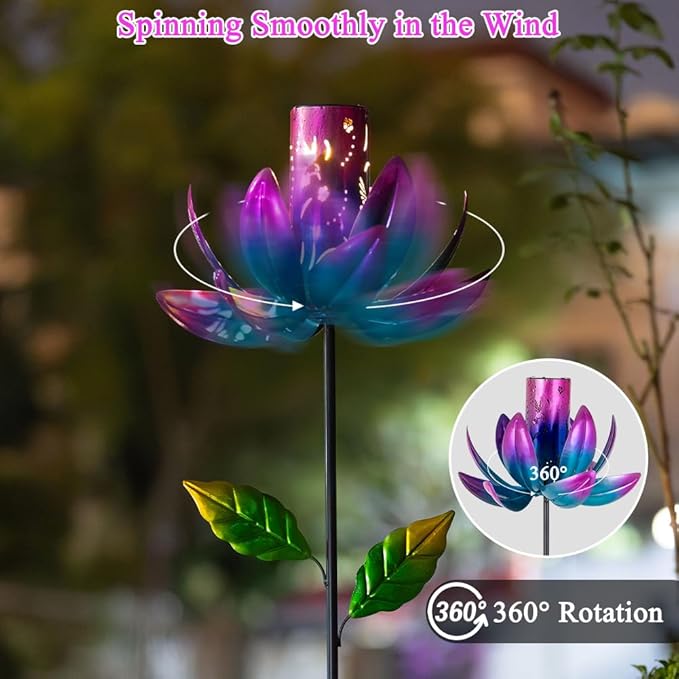 Stargarden Outdoor Wind Spinners with Solar Lantern, Solar Wind Sculptures & Spinners, Flower Shape Solar Windmill for Yard and Garden(Purple)