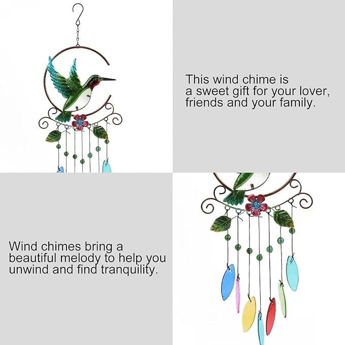 Wind Chimes Hummingbird, Garden Glass Colorful Wind Chimes for Home, Party, Festival Decor, Garden Decoration Indoor/Outdoor, Lifelike Hummingbird Bell Deep Tone Style