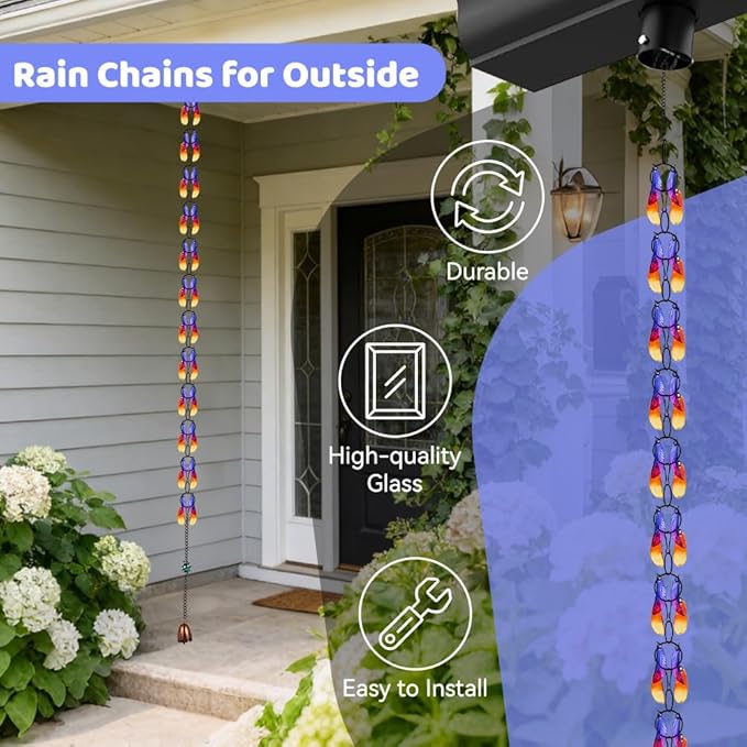 dreamysoul Rain Chains for Outside, 7.87FT Adjustable Glass Rain Chain, Leaf Decorative Rain Catcher Chains for Gutters Downspout, Eaves, Drainage