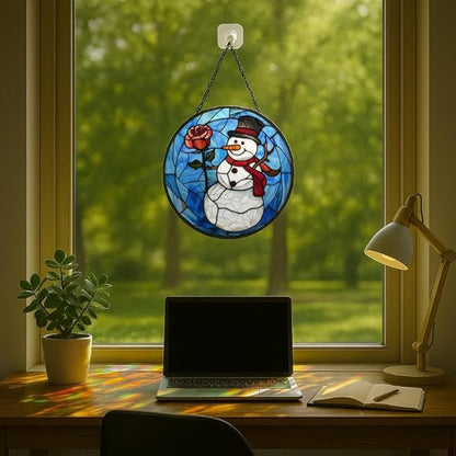 Stained Glass Window Hanging Christmas Snowman with Rose 7.8in Sun Catchers Panel for Indoor Decorative Display for Mom Wife Lovers Festive