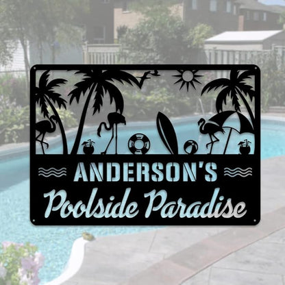 MeMate Outdoor Decor - Personalized Metal Sign for Pool, Patio, Porch, Deck - Flamingo Large Sign for Outside - Housewarming Gift