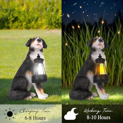 Solar Garden Dog Statue with Lanterns Outdoor Bernese Mountain Dog Garden Decor Figurine Lights for Patio Balcony Shelf Tabletop Lawn, Unique Housewarming Birthday Thanksgiving Gifts for Women Mom