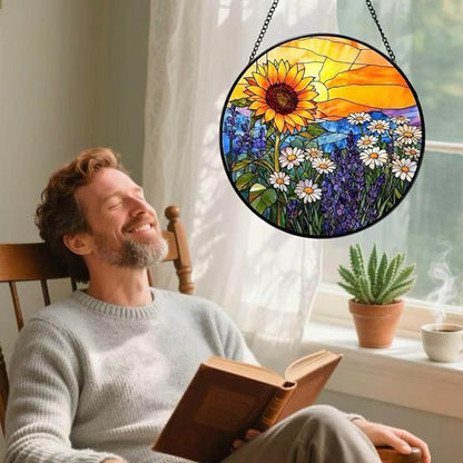 Stained Glass Window Hanging - Sunflowers, Daisies, Lavender and Sunset 7.8 Inches Suncatcher for Garden Home Decor for Women Mon Grandma Friends
