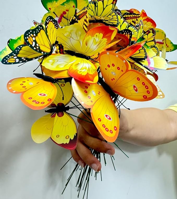 Rikyo 3D Butterfly Garden Stake Decor,10" PVC Butterfly Garden Decor for Outside,Shaking Head Artificial Butterflies for Cake Bouquet Wall Lawn Pathway Plant Pot Flower Bed Yard Decor (50, Yellow)