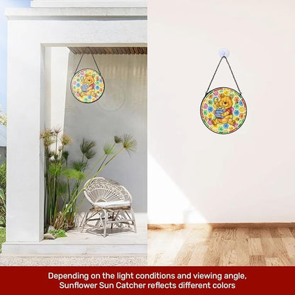 GENANY Honey Bear Glass Window Hanging, Spring Sun Catcher with Metal Chain and Hook, Romantic Gifts for Women Friends Family, Garden Decor, Housewarming Gifts, Outdoor Decor
