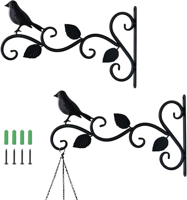 JIALAI HOME Hanging Plants Bracket 12" Bird Planter Outdoor Hooks Hangers for Flower Baskets Pot Bird Feeder Wind Chimes Lanterns Patio Garden Outdoor Indoor Metal Black, 2 Pack