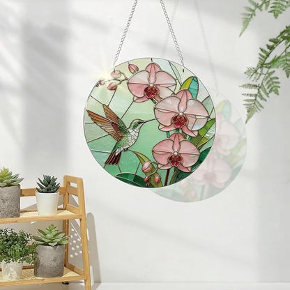 Hummingbird Flower Botanical Suncatcher for Windows Hanging, Beautiful Window Door Decoration, Home Garden Decors, Birds Lover Gift, Mother's Day Christmas Festival Gift for Women Men