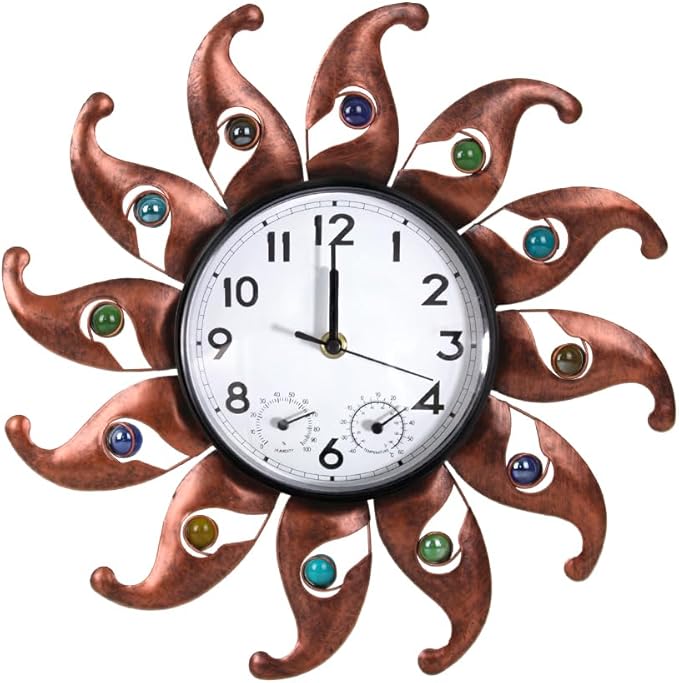 Sun Outdoor Clock Silent Non-Ticking, Outdoor Wall Clock with Thermometer & Humidity Combo Outside Clocks for Patio, Garden, Home Decor
