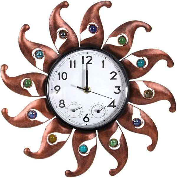 Sun Outdoor Clock Silent Non-Ticking, Outdoor Wall Clock with Thermometer & Humidity Combo Outside Clocks for Patio, Garden, Home Decor