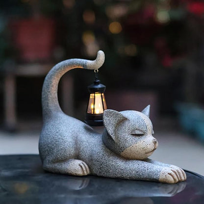 Solar Garden Statue, Cute Resin Animal Figurine with Solar Lantern Outdoor Decor for Patio Lawn Yard Pathway, Unique Housewarming Birthday Gift for Mom and Grandma (Cat)