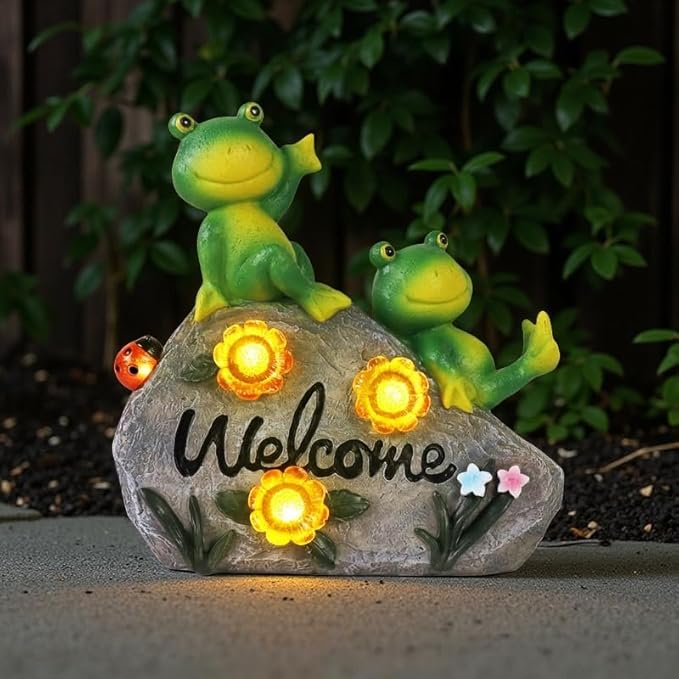 Generic Solar Garden Outdoor Statues Solar Frog Garden Decor Lawn Decor Frog Figurine for Patio with 4 LED Light Cute Frog Face with Solar Lights Gardening Gifts for Mom, Green