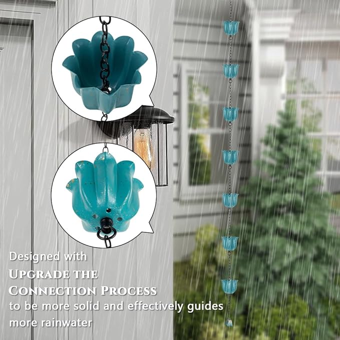 8.2ft Rain Chains for Outside, 10-Cup Lotus Rain Chain Replacement Downspout for Gutters, Eaves, Drainage, Adjustable Length(Light Blue)