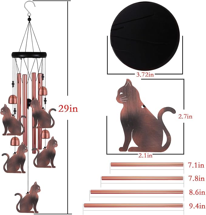 Cat Wind Chimes for Garden, Gifts for Mom, Home, Balconies, Rooms, Patio, Indoor, Outdoor Cat Decoration, Aluminum Cats Chimes, Cats Wind Catcher, Red Copper Cats Wind Bells, Cats Wind Chimes Decor