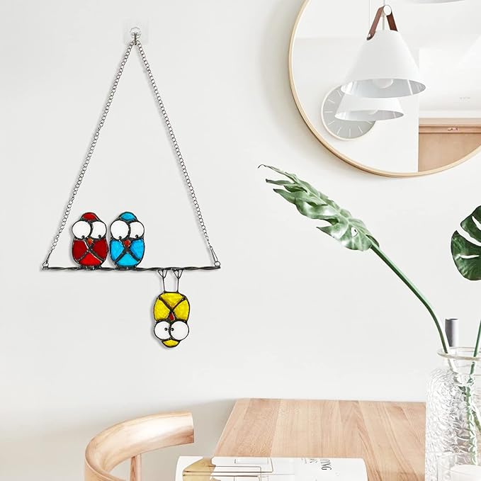 Double-Side High Stained Glass Suncatcher Panel, Multicolor Owls Suncatcher for Windows Doors Room Home Decoration Hummingbird Ornamentand Gifts for Bird Lovers Owl Gifts for Mom,Grandma(red)