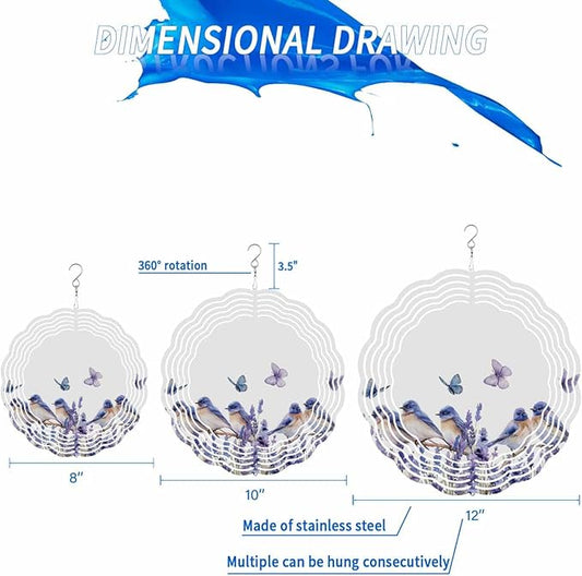 Stainless Steel Wind Spinner for Yard Garden Decoration, Blue Purple Bird Flower Floral Butterfly Round Wind Sculpture Spinner 3D Crafts Hanging Ornaments for Indoor Outdoor, 8 Inch
