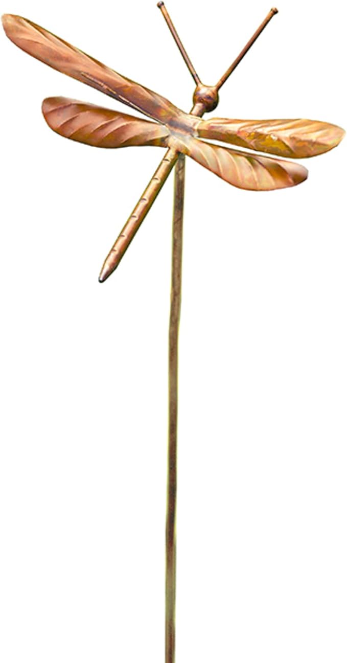 BestNest Ancient Graffiti Flamed Copper Garden Stakes, Set of 3 Metal Outdoor Yard Ornaments with Songbird, Dragonfly & Hummingbird Toppers, Decorative Staked Garden Art