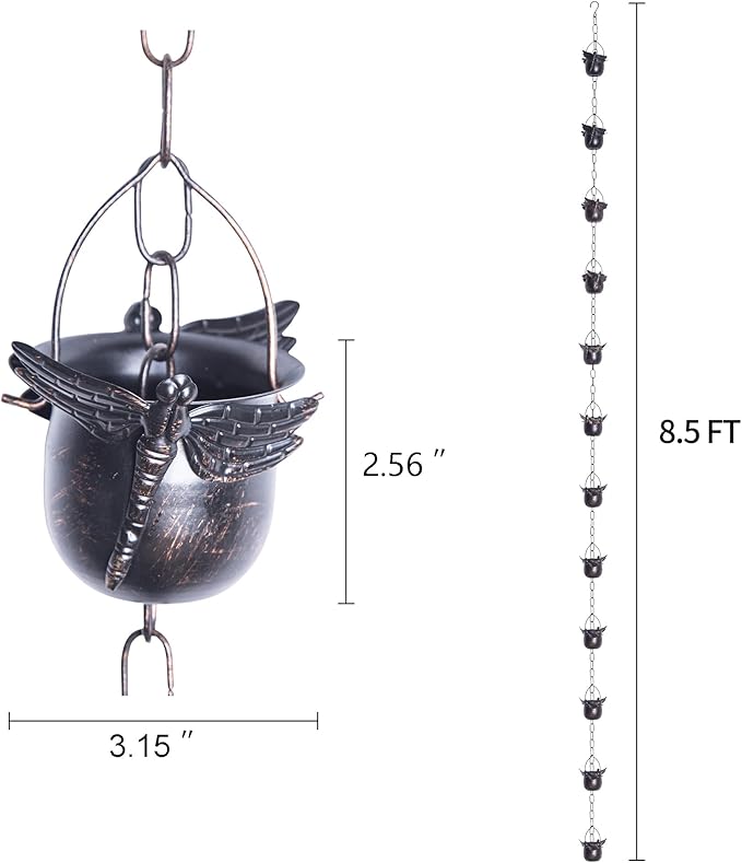 Topadorn 8.5FT Butterfly Rain Chain, Rain Chains for Gutters with 12 Cups, Adjustable Rain Catcher Chain with Bell for Eaves Drainage, Rain Collector for Enhanced Outside Yard Appeal
