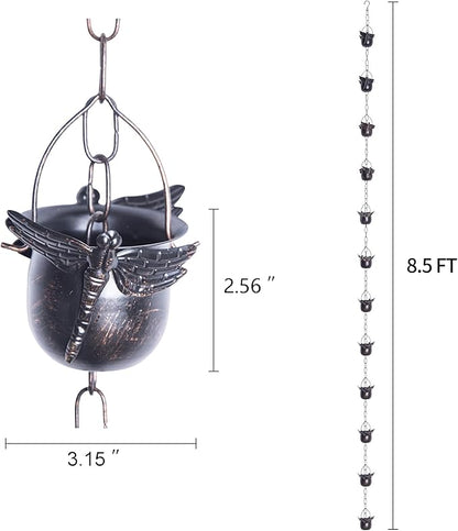 Topadorn 8.5FT Butterfly Rain Chain, Rain Chains for Gutters with 12 Cups, Adjustable Rain Catcher Chain with Bell for Eaves Drainage, Rain Collector for Enhanced Outside Yard Appeal