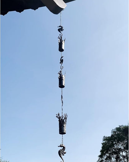 8.5 FT Rain Chains for Gutters, Ocean Themed Seahorse Rain Chain, Decorative and Functional Coral Cylinder Rain Catcher Chain for Downspouts, Metal Rain Chimes for Outside Garden Yard Decor