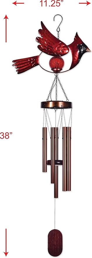 Sunset Vista Designs 94351 Wind Solar Collection Outside Metal Chime with Waterproof LED Light Yard Decoration, 38", Red