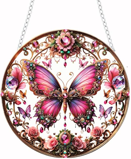 Butterfly Stained Window Hangings with Chain – Pink Floral Acrylic Ornament for Garden, Patio and Indoor Decor, Housewarming Gift for Mom, Grandma