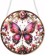Butterfly Stained Window Hangings with Chain – Pink Floral Acrylic Ornament for Garden, Patio and Indoor Decor, Housewarming Gift for Mom, Grandma