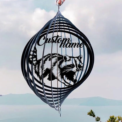 Personalized Raccoon Metal Wind Spinner, Custom Hanging Decoration for Outdoor Display, Kinetic Forest Ornament, Woodland Gift (Raccoon Garden Wind Spinner)