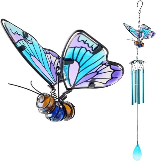 Butterfly Wind Chimes, AVEKI 27.5''H Iron Stained Glass Butterfly Wind Chimes Gifts for Mom Outdoor/Indoor Wind Chimes for Home, Garden, Window, Yard, Patio, Lawn Decoration (Blue)