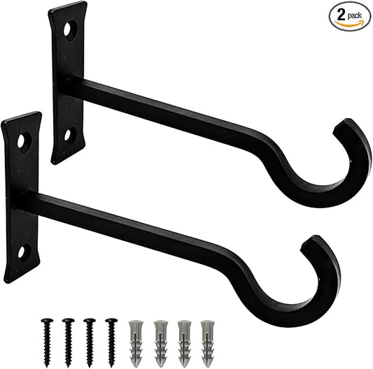QIEGL 6inch Heavy Duty Hanging Plant Brackets 2pcs Bird Feeder Hanger Decorative Hooks Outdoor or Indoor Plant Hangers Shepherd Hooks Black Metal Wall Hook for Lantern, Flower Basket, Wind Chimes