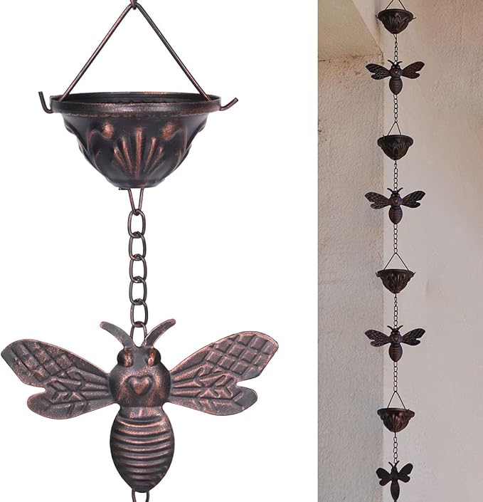 8.5Ft Bee and Cup Rain Chain Outdoor Decorative Rain Gutter Drain Rain Catcher Gutter Chain