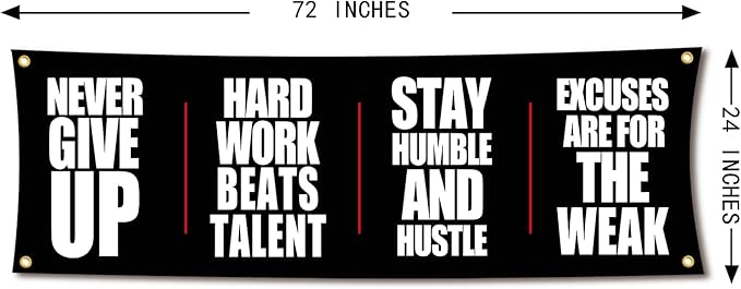 Motivational Gym Flag Banner - Never Give Up - 72x24 Inches Home & Garage Gym Wall Decor with 4 Brass Grommets for Easy Hanging
