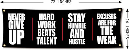 Motivational Gym Flag Banner - Never Give Up - 72x24 Inches Home & Garage Gym Wall Decor with 4 Brass Grommets for Easy Hanging