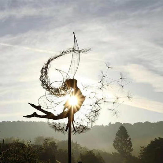 Flower Fairy Dancing with Dandelion, Fairy Garden Sculptures, Angel Metal Ornaments Gardens Art Sculpture, Stainless Steel Statue Garden Ornaments Art Decorations for Outdoor Yard Lawn Patio (F_flat)