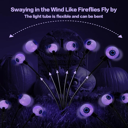 2PACK Scary Eyeballs Solar Garden Light Halloween Decorations Outdoor,Swaying Firefly with 12LED Purple Spooky Eyes Lights-Waterproof Ornaments Solar Halloween Lights for Lawn, Patio, Party Decor