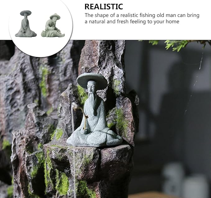 DOITOOL 2Pcs Mini Fisherman Figurines, Chinese Sitting Fishing Garden Statue, Sandstone Bonsai Fisherman Figurines for Micro Landscape Pot Aquarium Fairy Garden Decorations