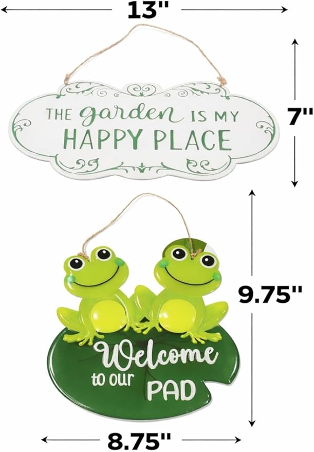 Metal Outdoor Garden Signs, "Welcome to Our Pad", Frog Pals, and "The Garden Is My Happy Place", 2 Piece Set, Green and White, Decorative Hanging Wall Decor