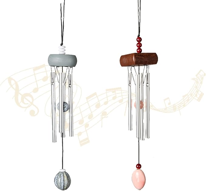 i-lan 2 Pack Small Silver Wind Chimes for Outside, Mini Aluminum Tubes with Ceramic Drop, Gentle Soothing Sound for Garden Patio Porch Decor, Zen Hanging Memorial Gifts for Mom Backyard Balcony