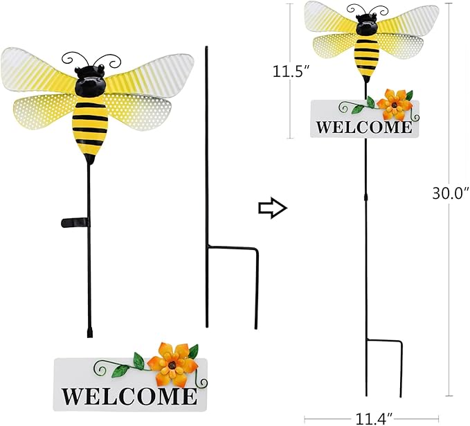 Garden Decor Metal Welcome Yard Stakes Spring Lawn Art Patio Decorative Plant Stake for Flower Pot Pathway Porch Backyard Indoor Outdoor Decoration (Bee)