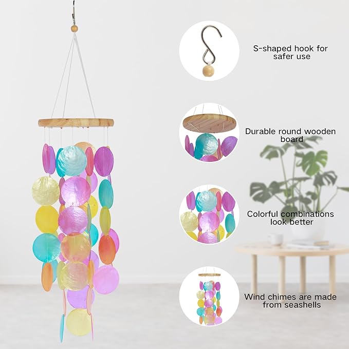 Shell Wind Chimes, Handmade Seashell Wind Chimes Hanging for Outside, Colorful/White Shell Wind Chimes Outdoor, Delicate Waterproof Lightweight Decoration Memorial Windchimes for Yard Porch Outdoor