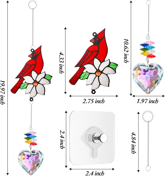 Red Cardinal Bird Window Sun Catcher – Valentines Day Handmade Bird Lover Window Hanging Décor with Suction Cups for Home & Garden - Memorial Cardinal Gifts for Women, Mom,Grandma (A)
