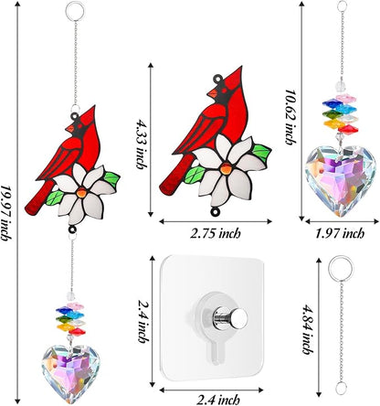 Red Cardinal Bird Window Sun Catcher – Valentines Day Handmade Bird Lover Window Hanging Décor with Suction Cups for Home & Garden - Memorial Cardinal Gifts for Women, Mom,Grandma (A)