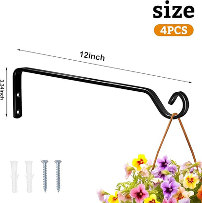 2pcs Wall Mounted Plant Hanger, Indoor/Outdoor Decorative Hook for Hanging Plants, Windchime, Baskets – Rustic Iron Plant Holder, Ideal Wall Décor, Ceiling Hooks for Indoor Garden- (12in black)